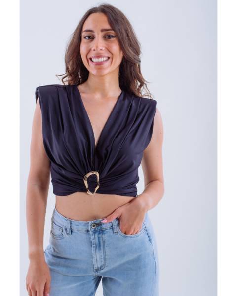 Draped Crop Top with Gold Accent - Black