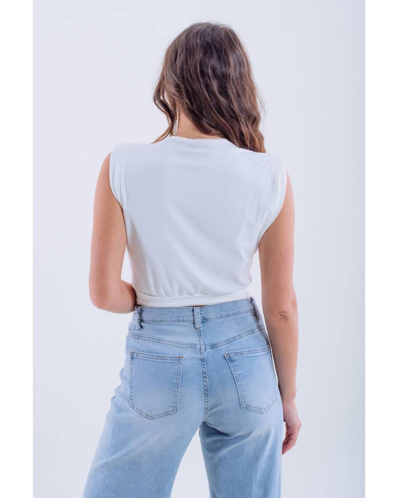 Draped Crop Top with Gold Accent - White