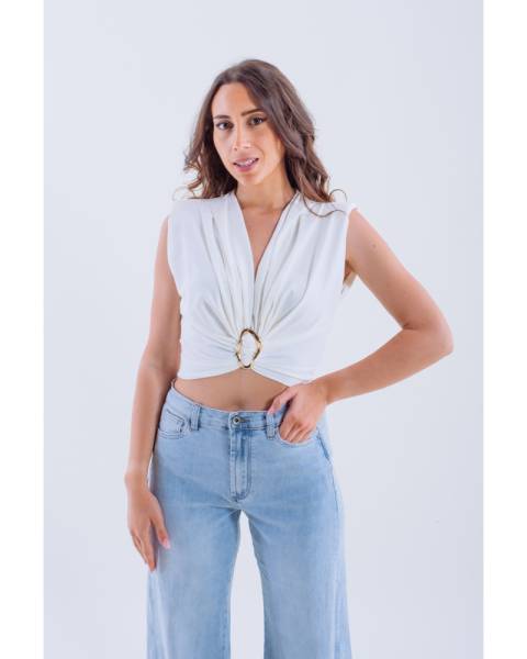 Draped Crop Top with Gold Accent - White