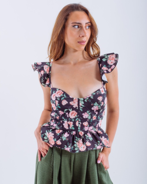 Floral Ruffle-Shoulder Peplum Top - Black