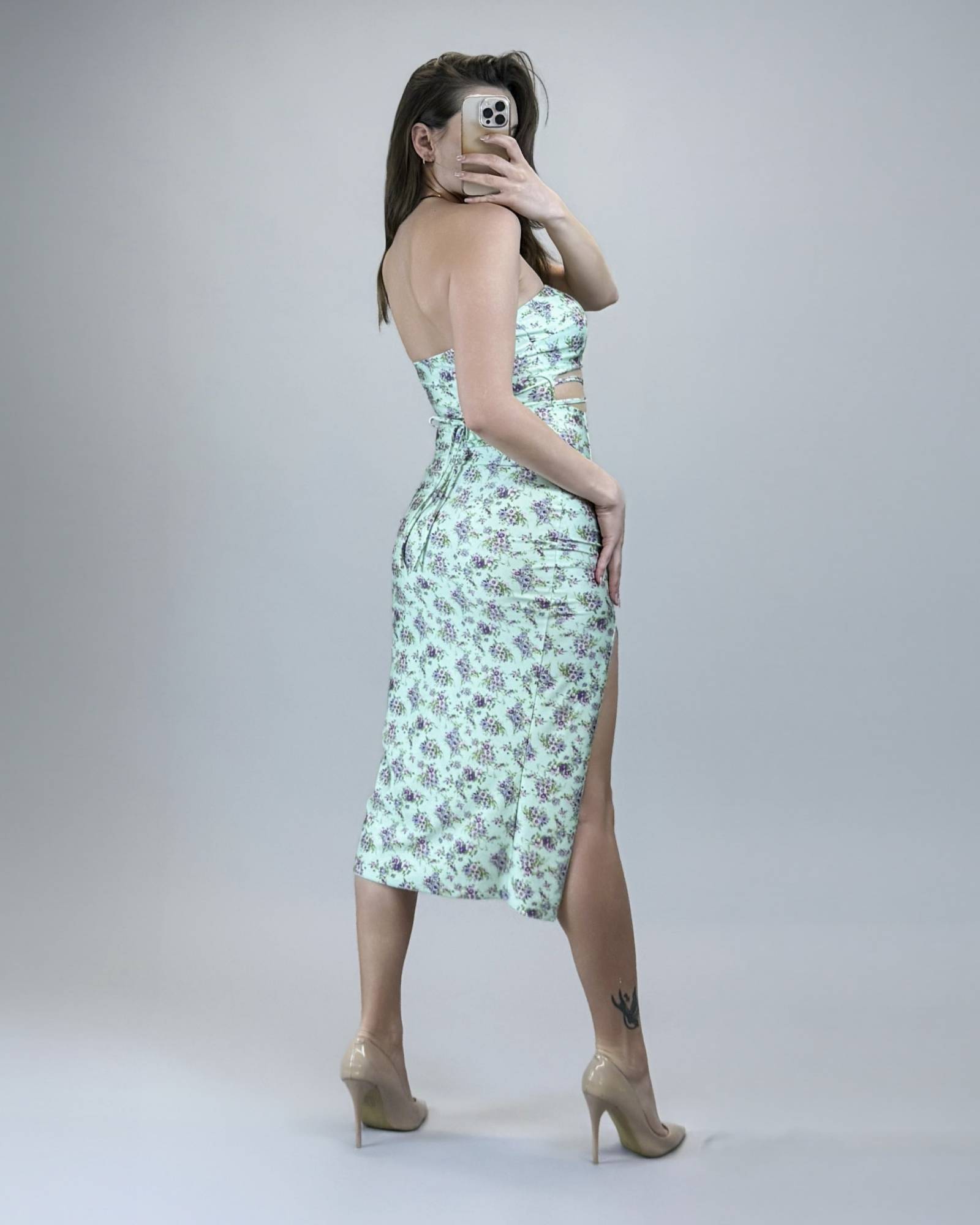 Printed Waist Cut Out Tube Midi Dress - Mint