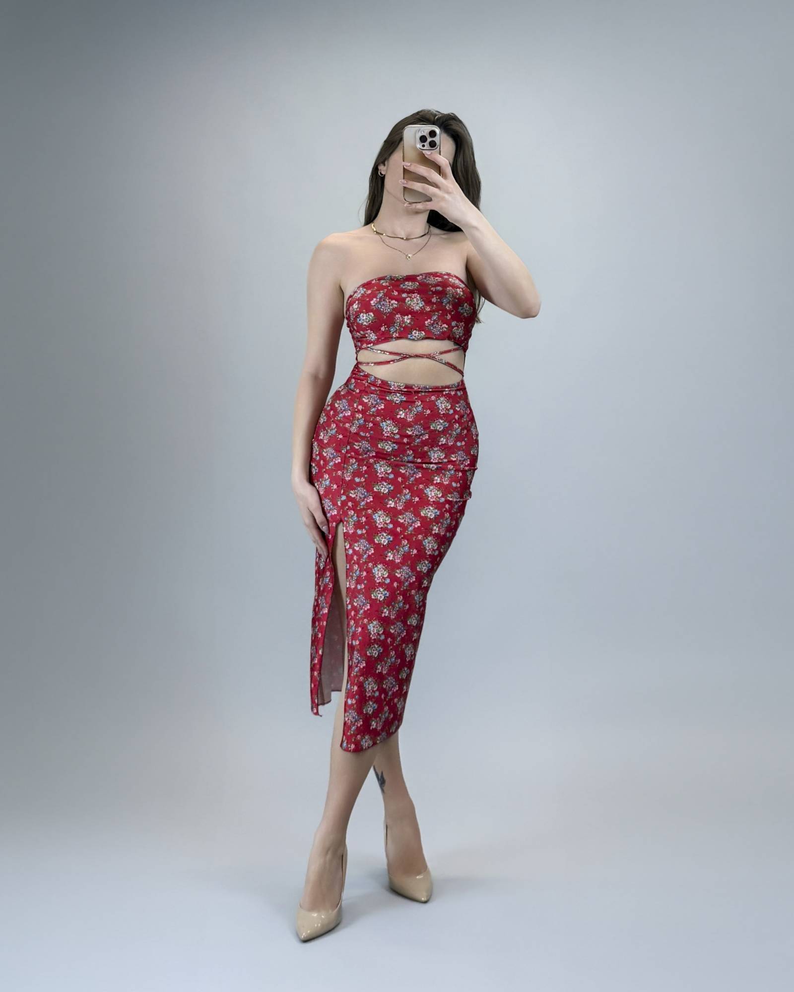 Printed Waist Cut Out Tube Midi Dress - Red