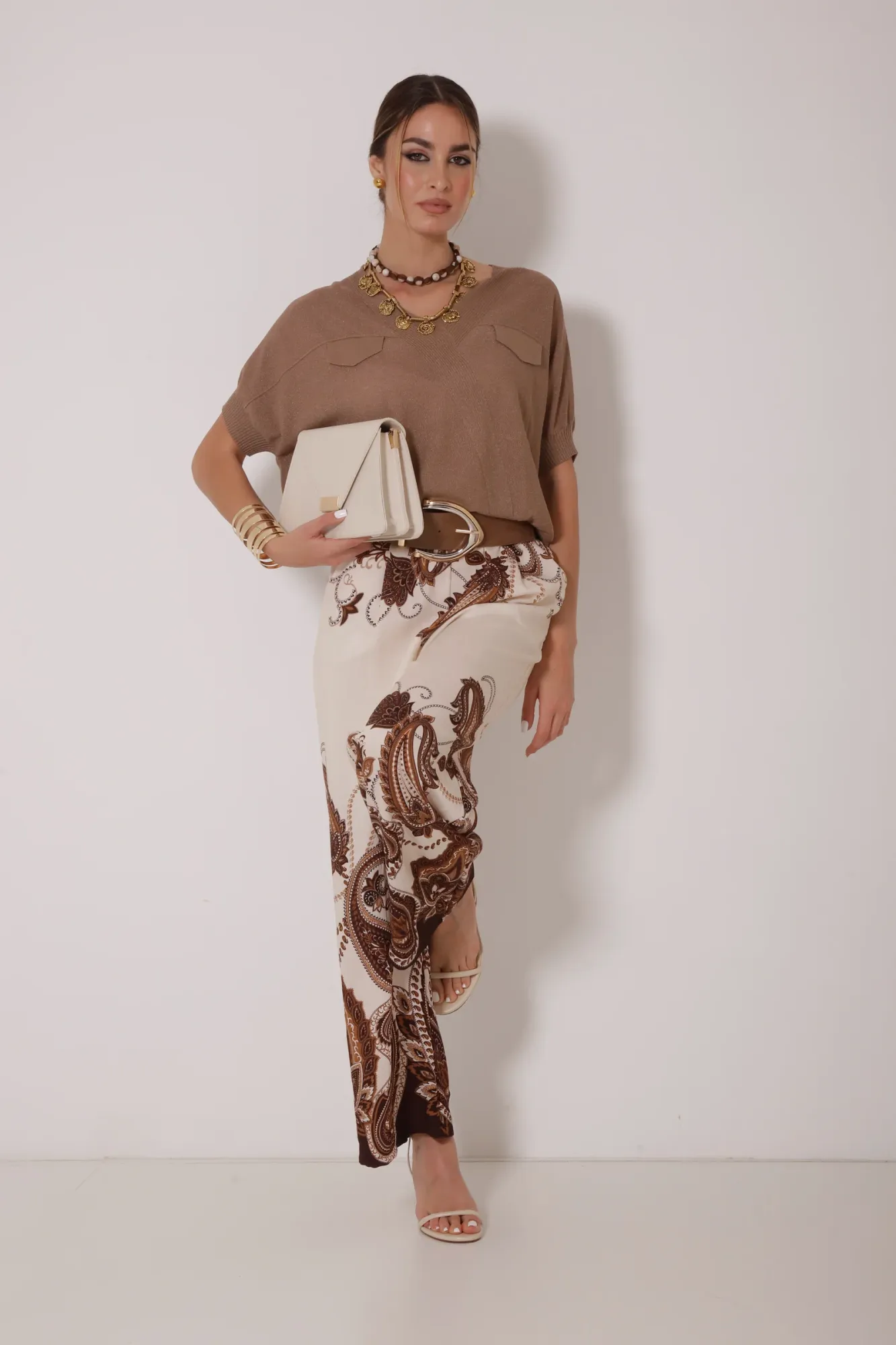 Printed Wide Leg Trousers - Brown