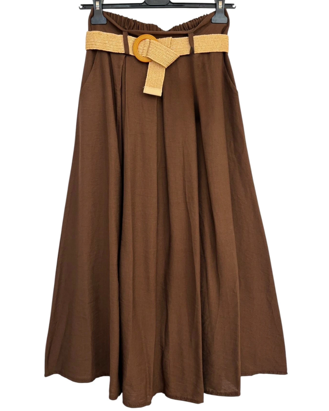 Flowy Skirt with Belt - Brown