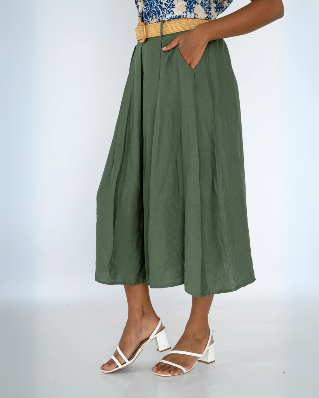 Flowy Skirt with Belt - Khaki