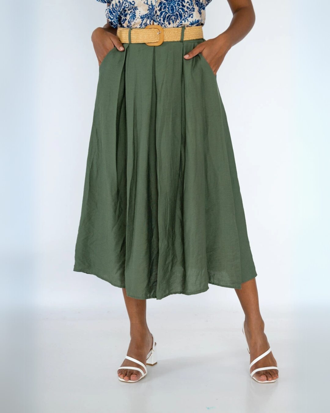 Flowy Skirt with Belt - Khaki