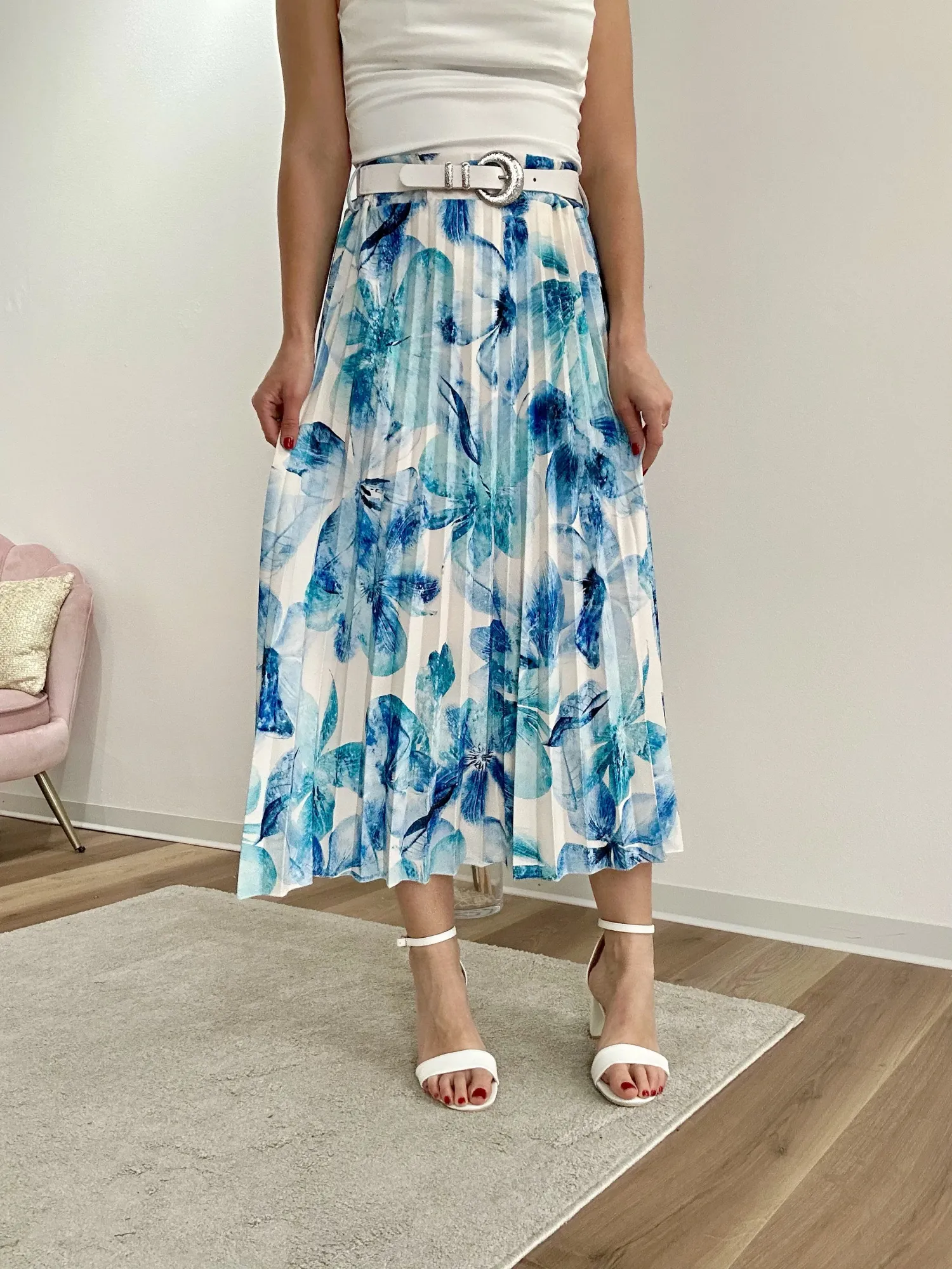 Pleated Printed Skirt - Blue