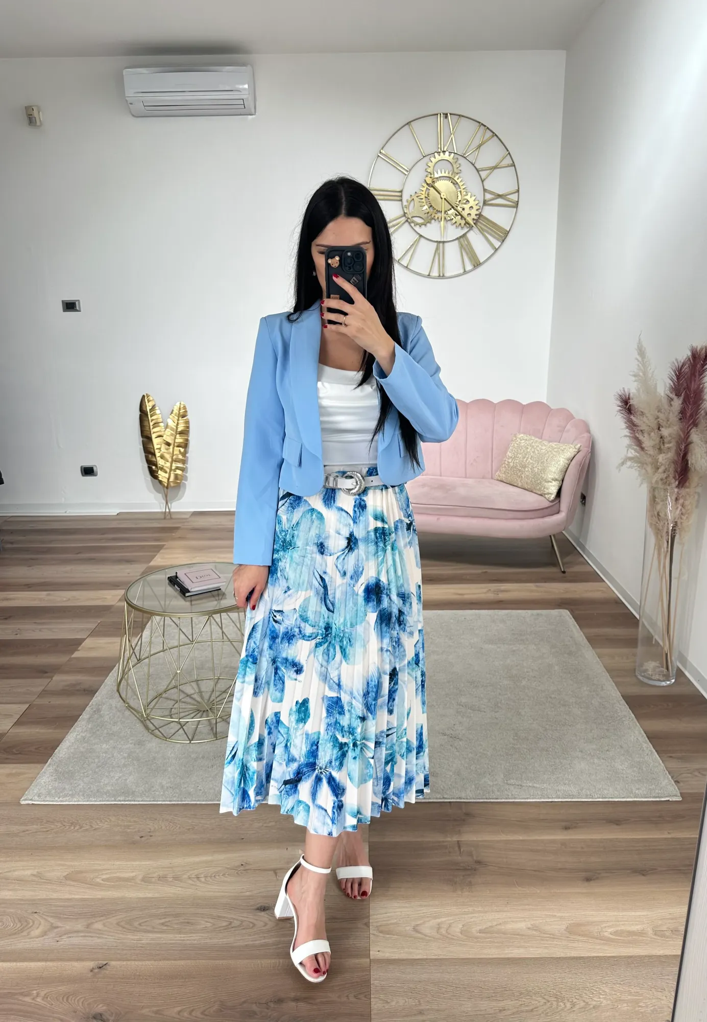 Pleated Printed Skirt - Blue