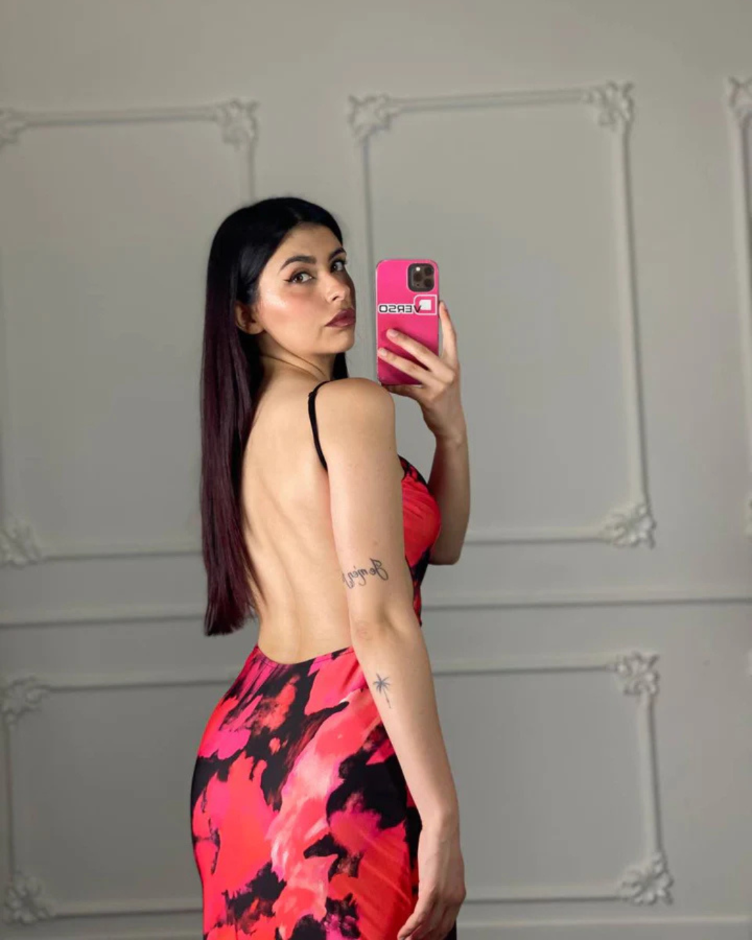 Printed Open Back Maxi Dress - Red