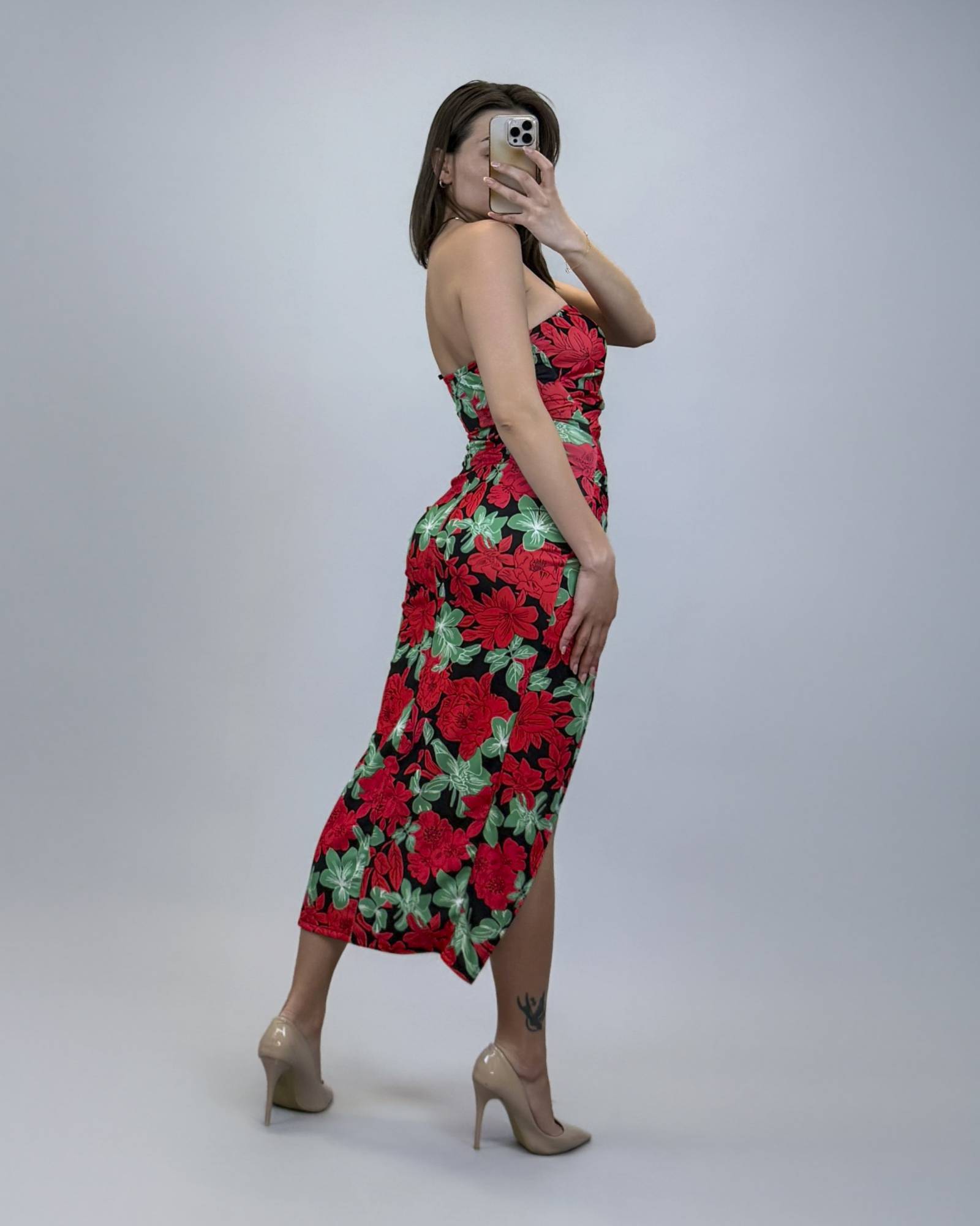 Printed Bodycon Off Shoulder Dress - Red