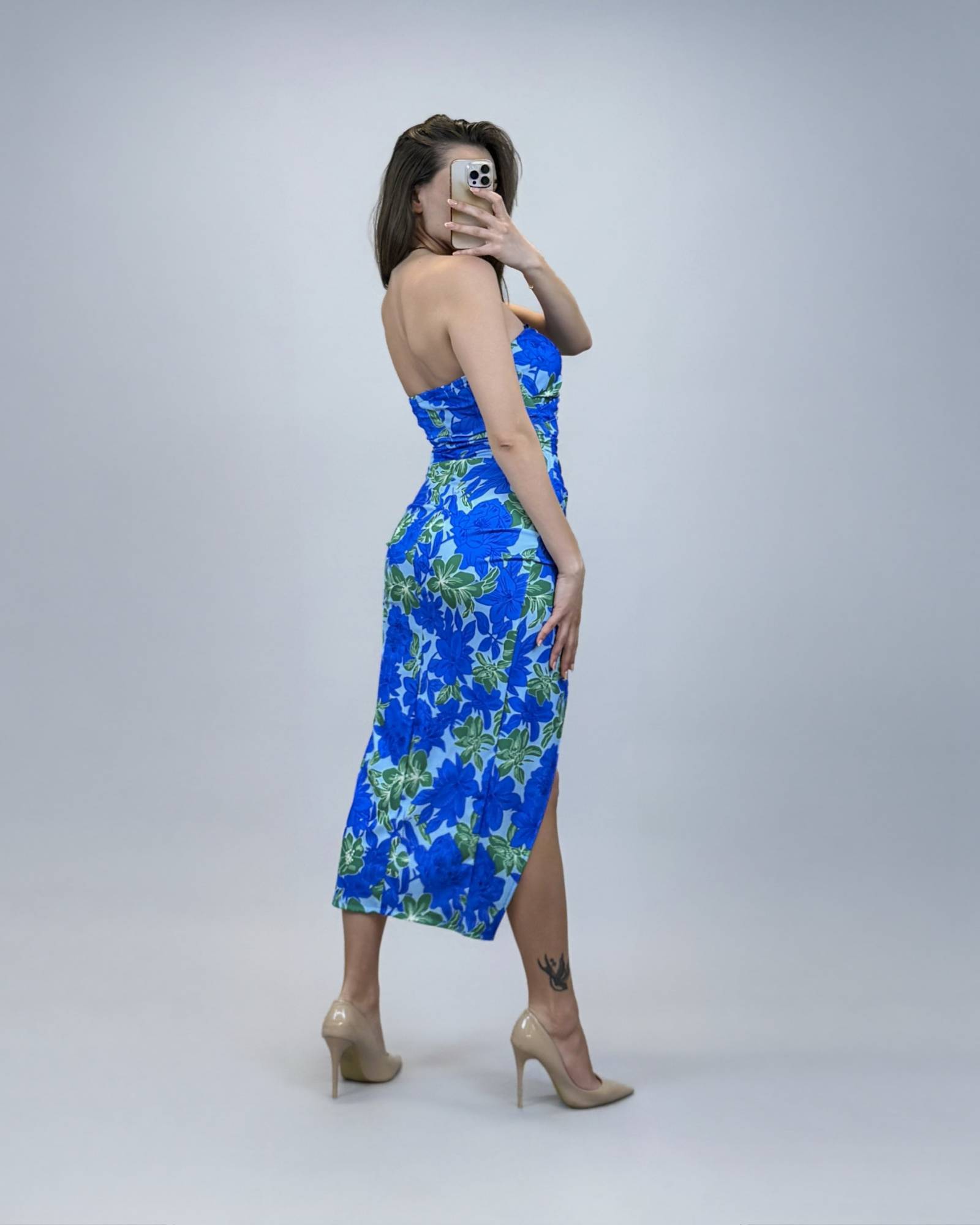 Printed Bodycon Off Shoulder Dress - Royal Blue