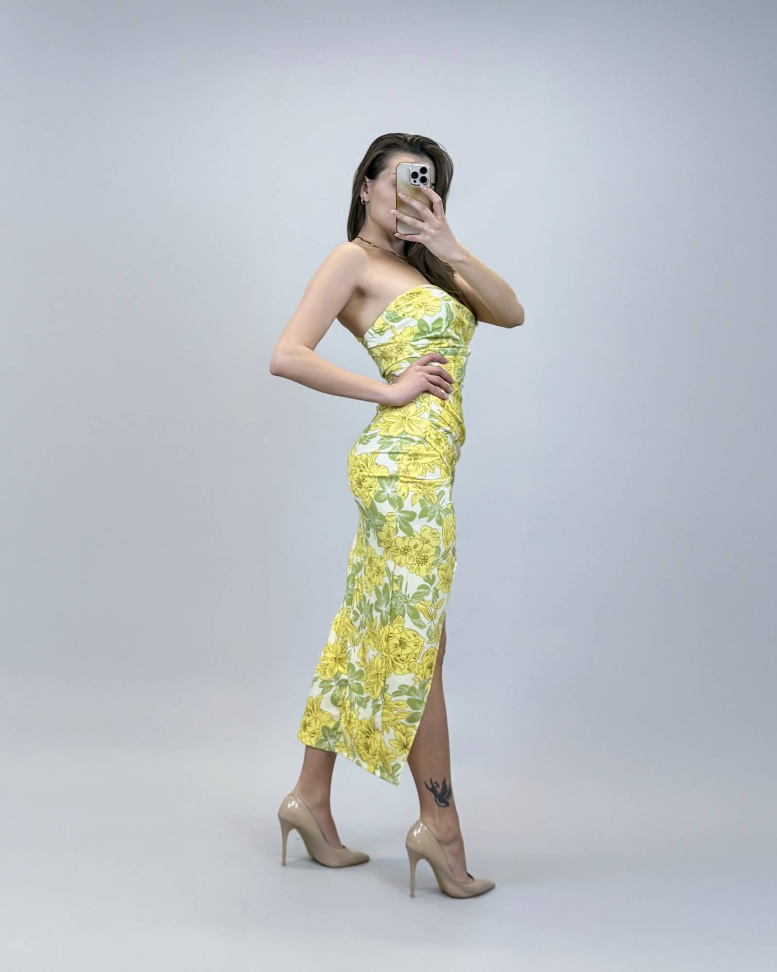 Printed Bodycon Off Shoulder Dress - Yellow