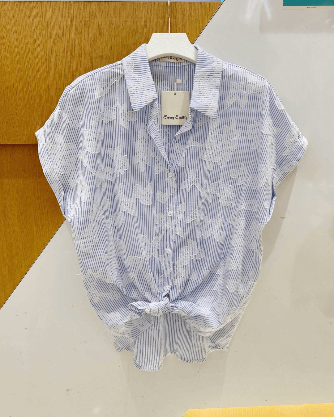 Embroidery Detail Striped Shirt - Sky Blue