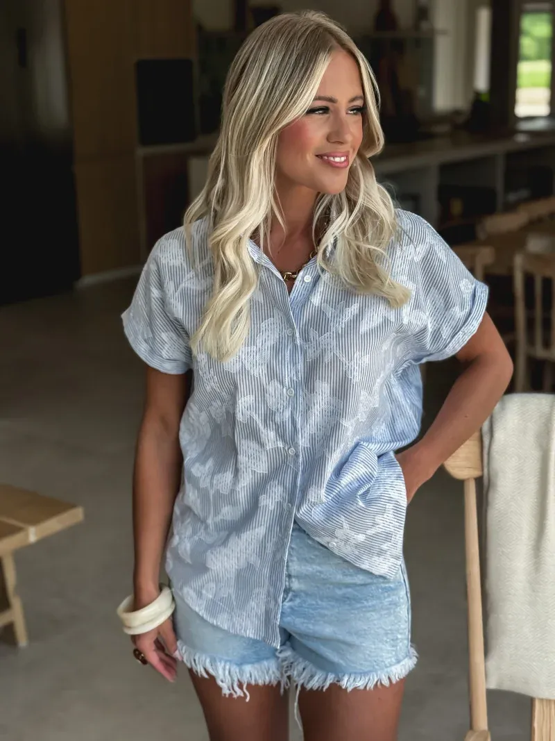 Embroidery Detail Striped Shirt - Sky Blue