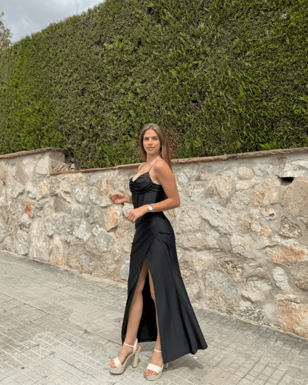 Corset Style Satin Maxi Dress - Black