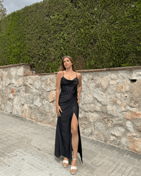 Corset Style Satin Maxi Dress - Black