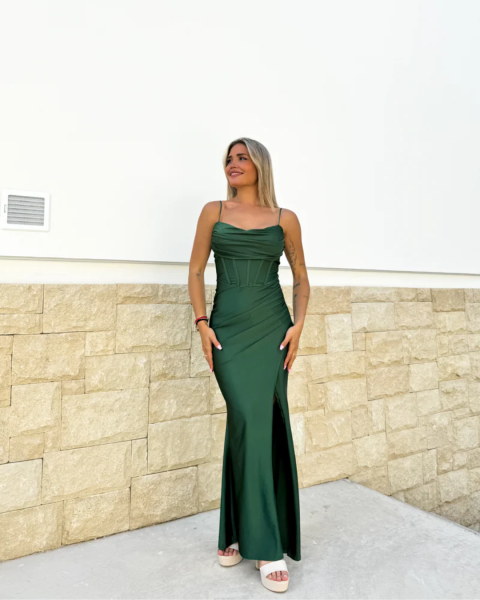 Corset Style Satin Maxi Dress - Green