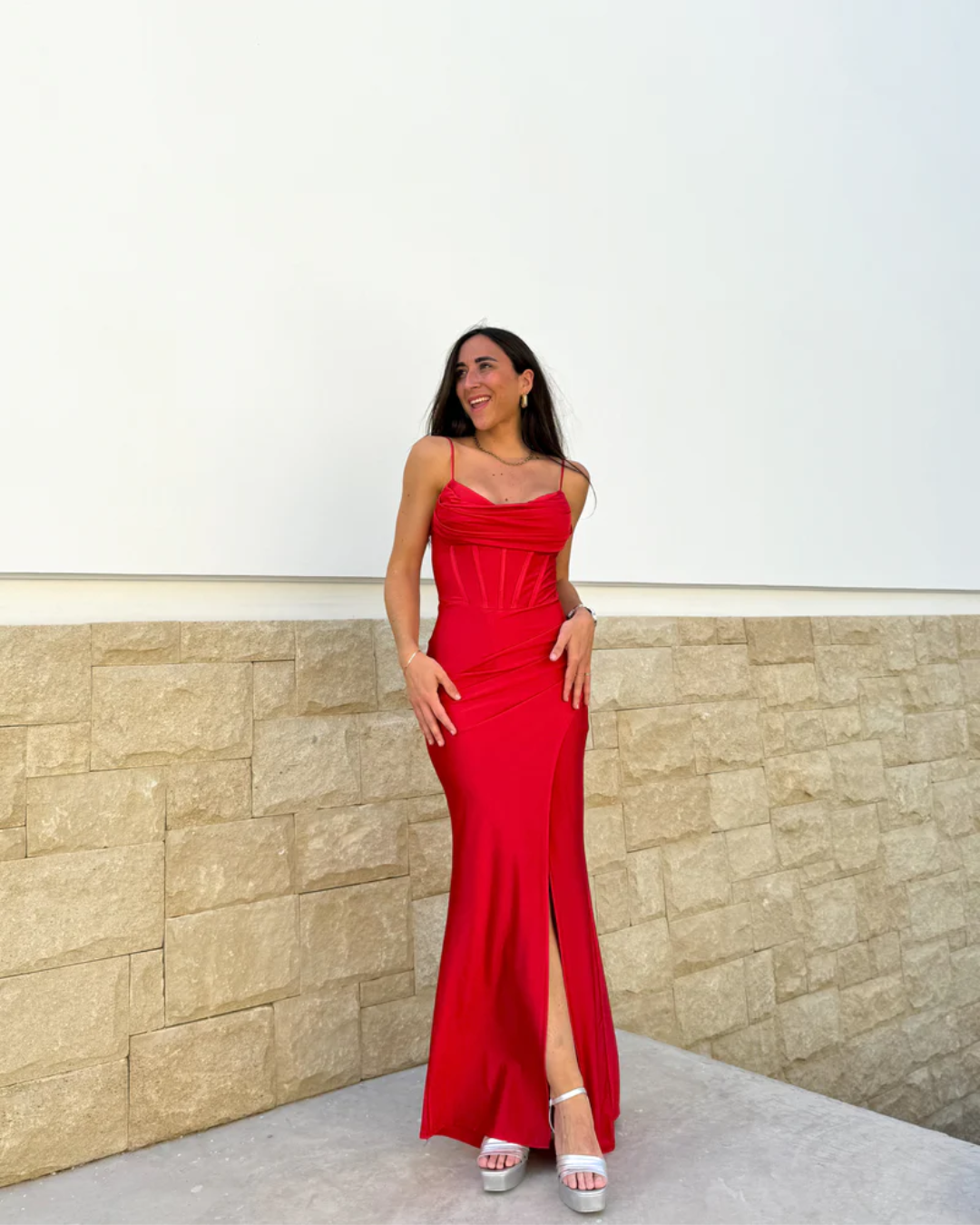 Corset Style Satin Maxi Dress - Red
