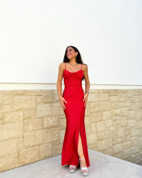 Corset Style Satin Maxi Dress - Red