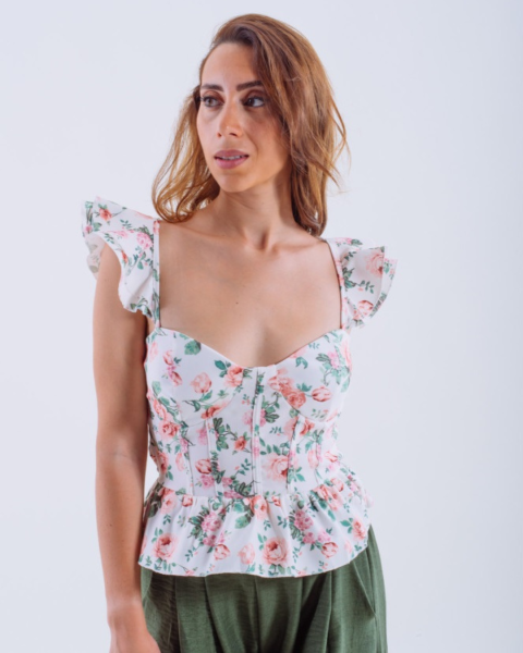 Floral Ruffle-Shoulder Peplum Top - Pink