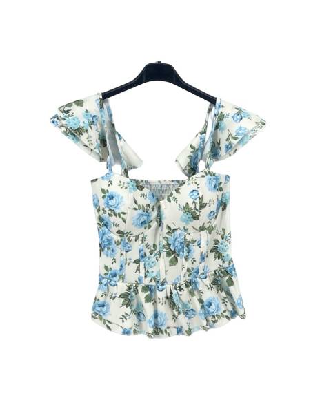 Floral Ruffle-Shoulder Peplum Top - Sky