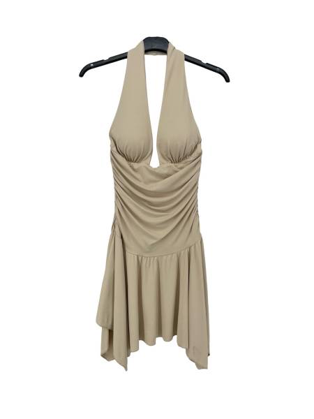 Halter Neck Asymmetrical Mini Dress - Beige