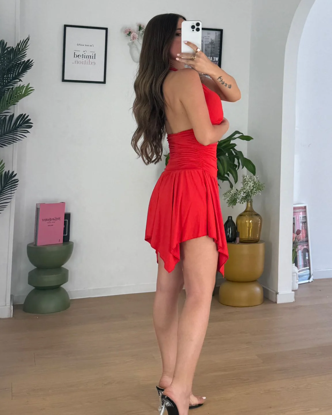 Halter Neck Asymmetrical Mini Dress - Red