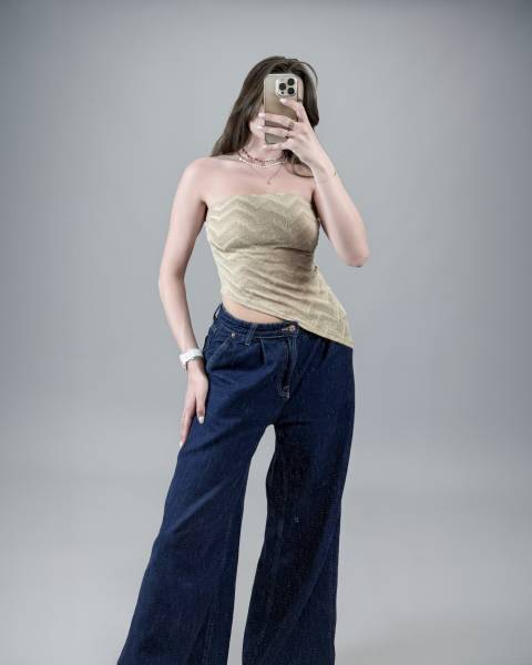 Asymmetric Chevron Strapless Top - Beige