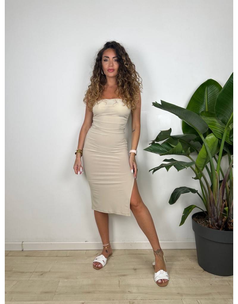 Elegant Strapless Midi Dress - Beige