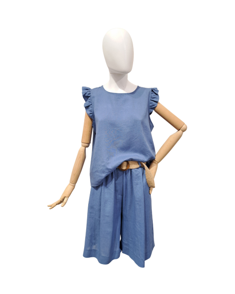 Ruffled Sleeves Linen Blend Blouse - Sky Blue