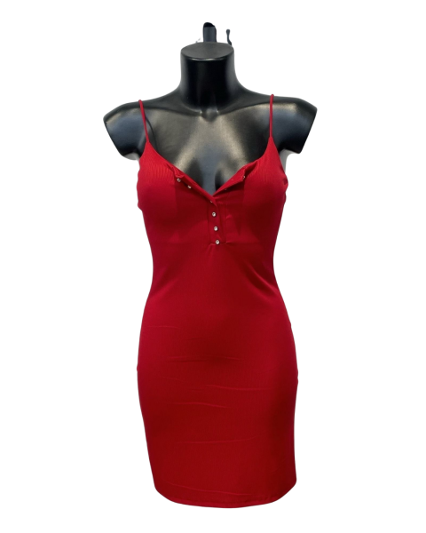 Ribbed Button Front Mini Dress - Red