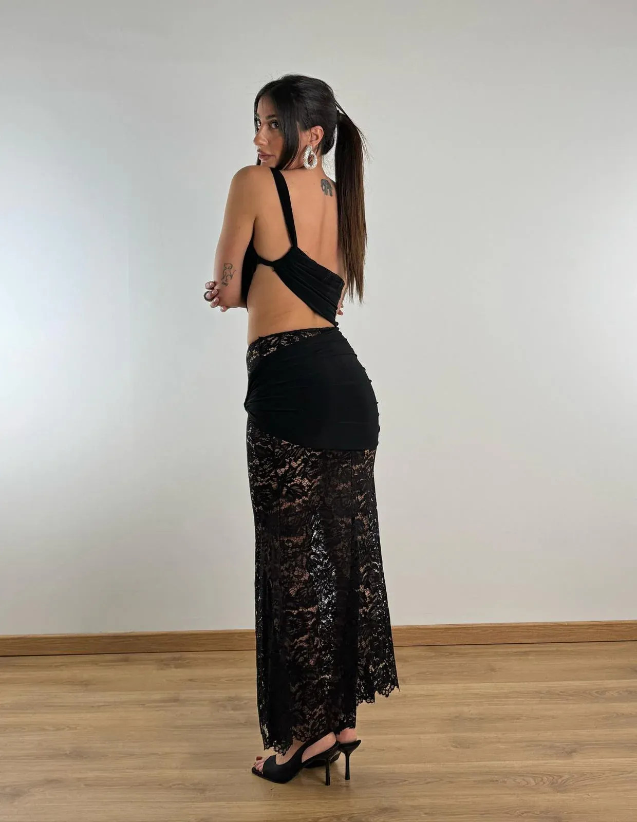 One Shoulder Lace Maxi Dress - Black