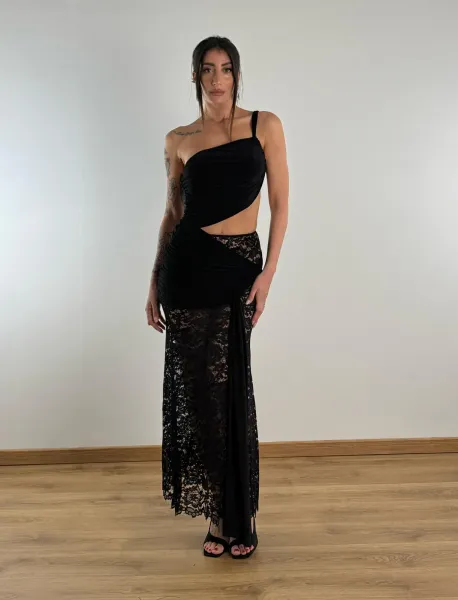 One Shoulder Lace Maxi Dress - Black