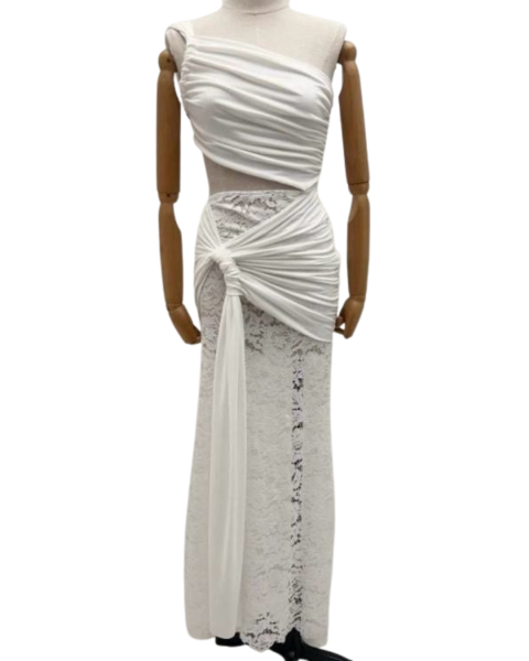 One Shoulder Lace Maxi Dress - White