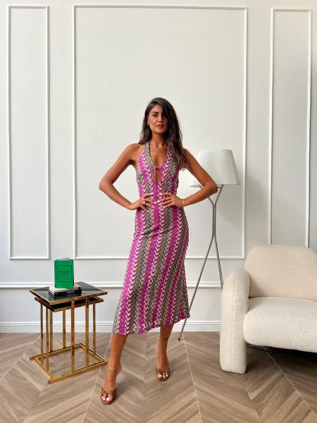 Chevron Halter Neck Maxi Dress - Fuchsia