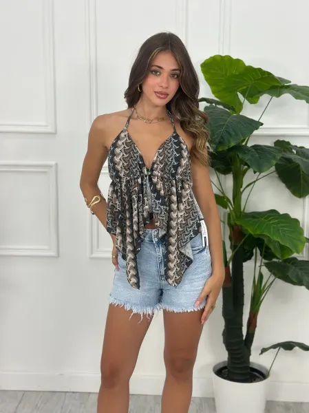 Shiny Open Back Asymmetrical Top - Black