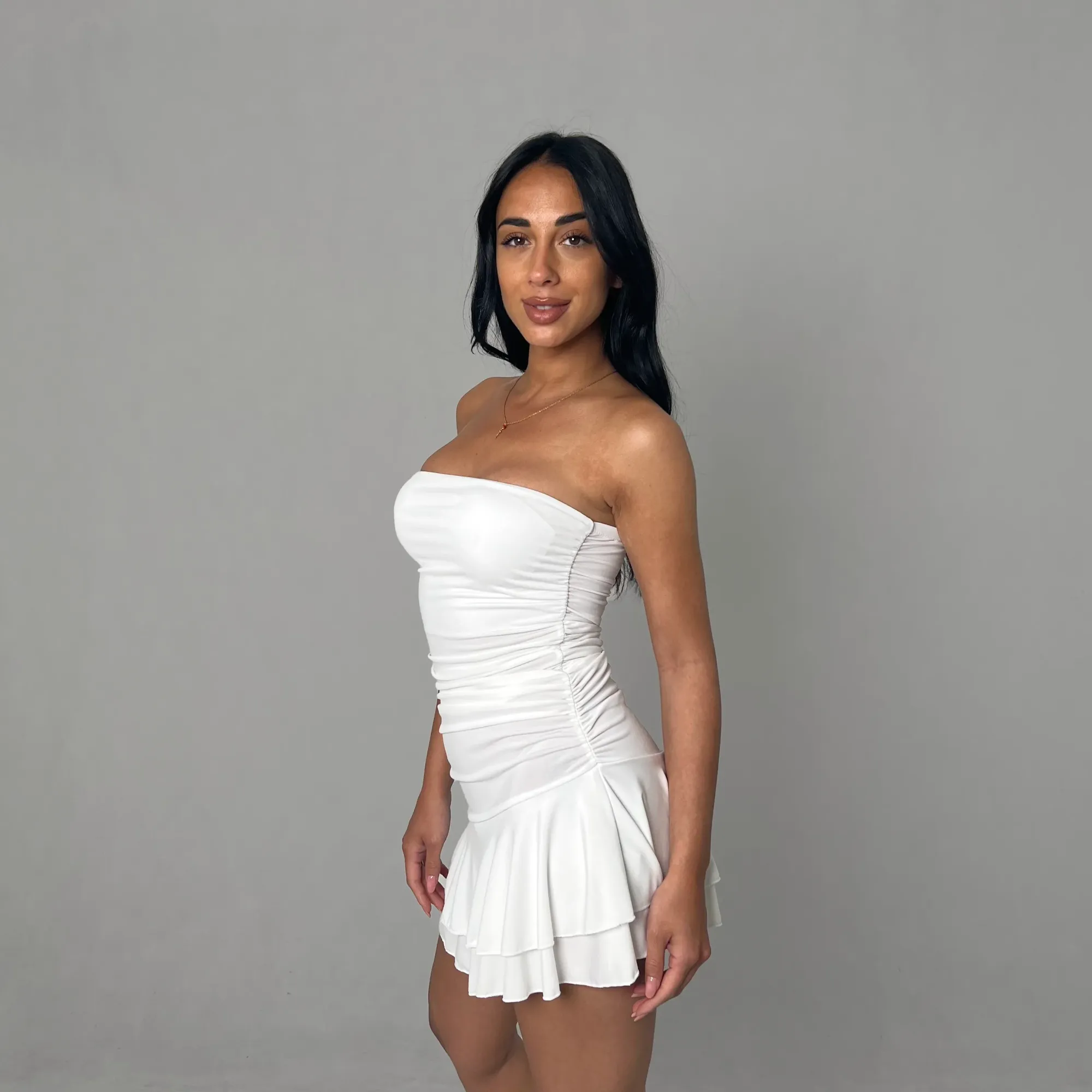 Mini Flounced Skirt Bandeau Dress - White