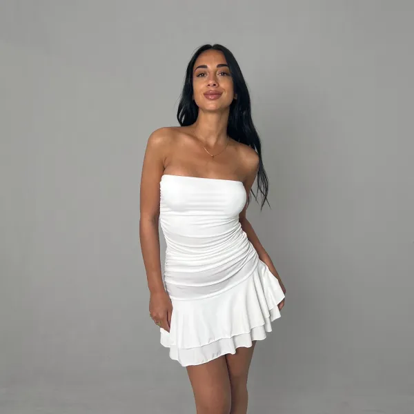 Mini Flounced Skirt Bandeau Dress - White