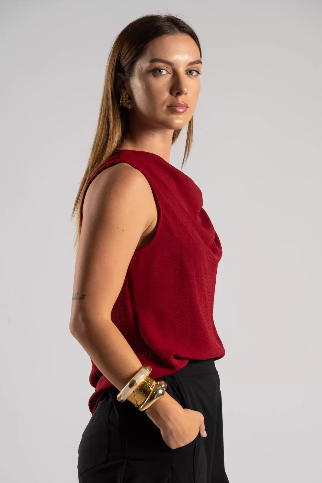 Asymmetrical Blouse with Gold Accent - Bordeaux