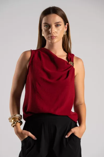 Asymmetrical Blouse with Gold Accent - Bordeaux