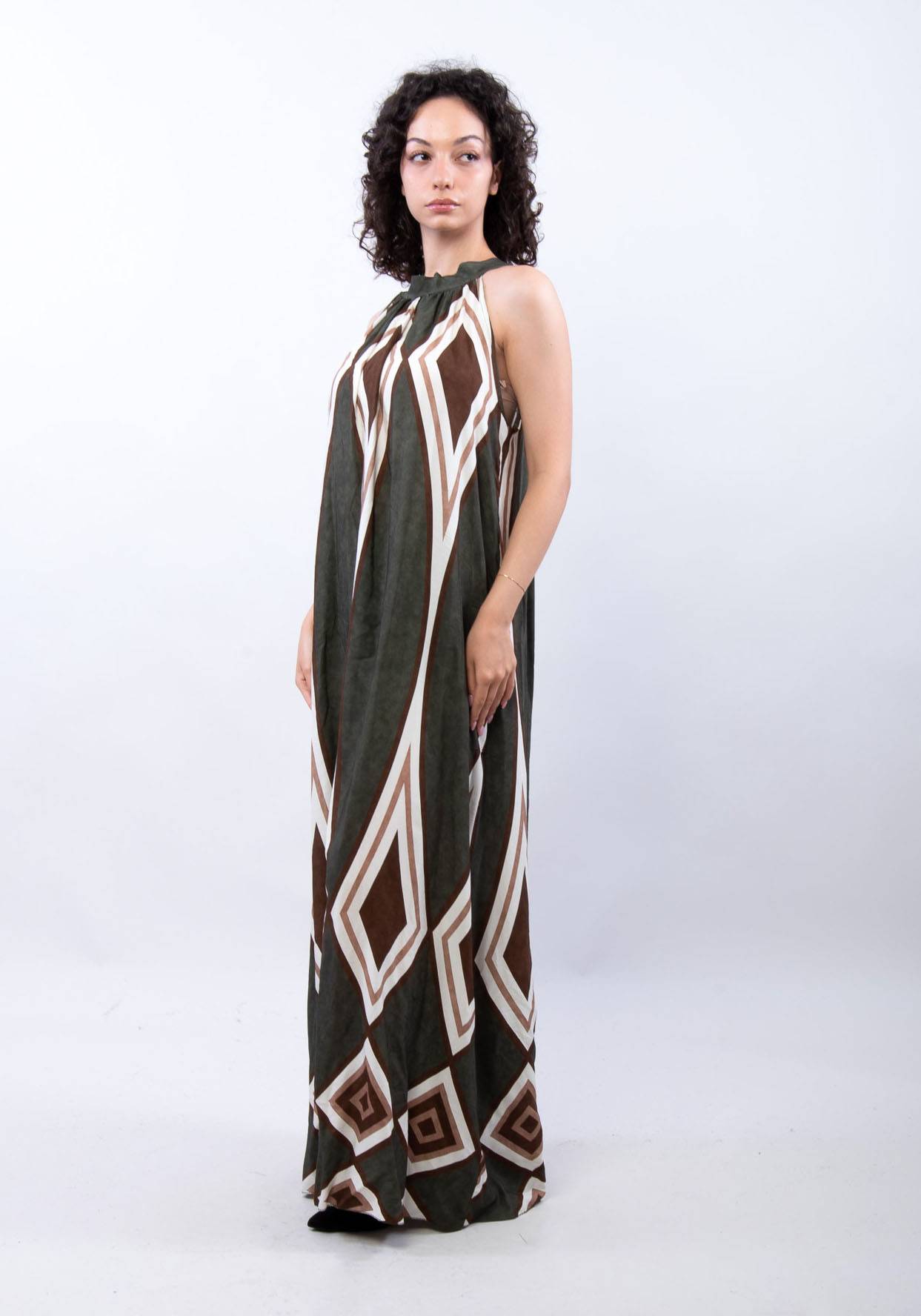 Sleeveless Long Patterned Dress - Khaki