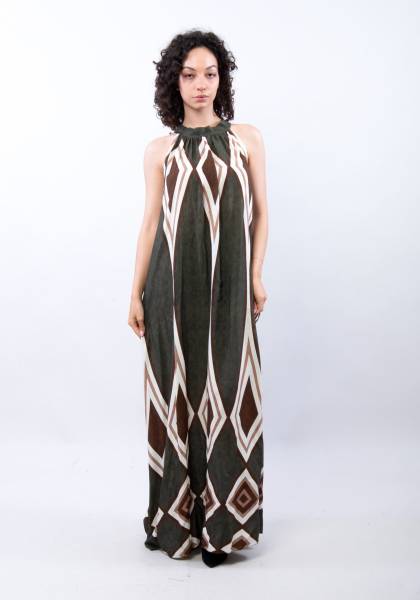 Sleeveless Long Patterned Dress - Khaki