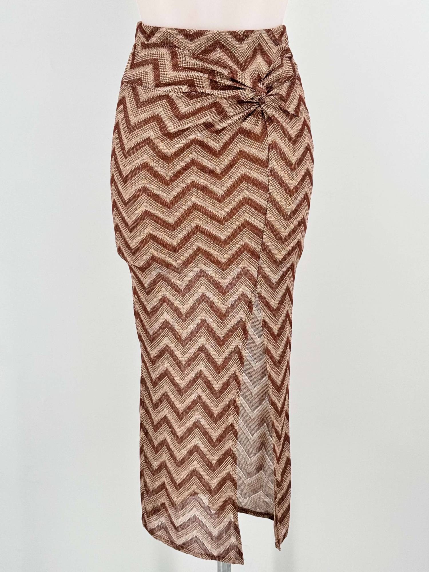 Chevron Side Slit Long Skirt - Brown