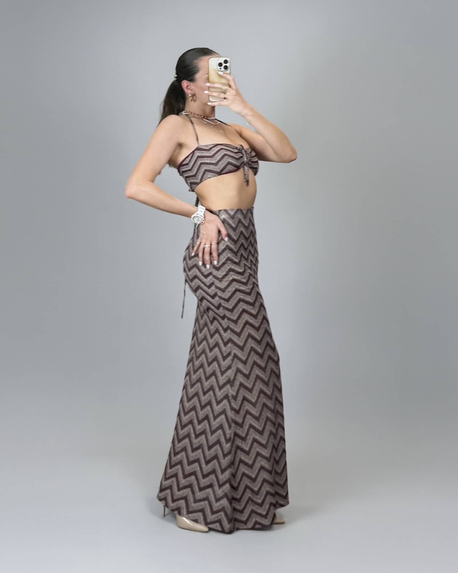 Chevron Crop Top & Maxi Skirt Set - Black