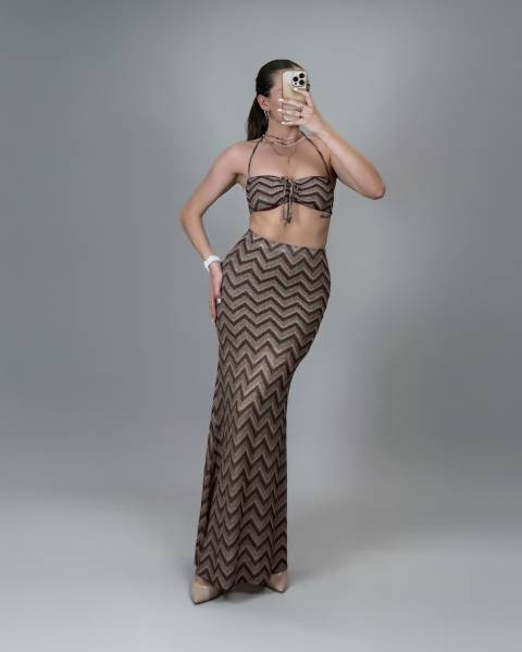 Chevron Crop Top & Maxi Skirt Set - Black