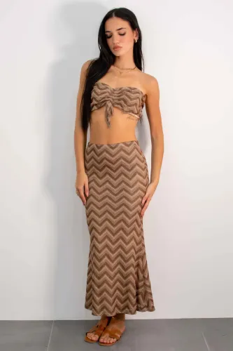 Chevron Crop Top & Maxi Skirt Set - Brown