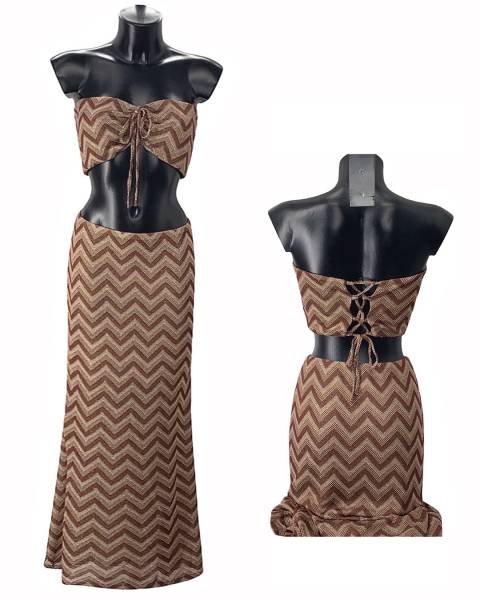 Chevron Crop Top & Maxi Skirt Set - Brown