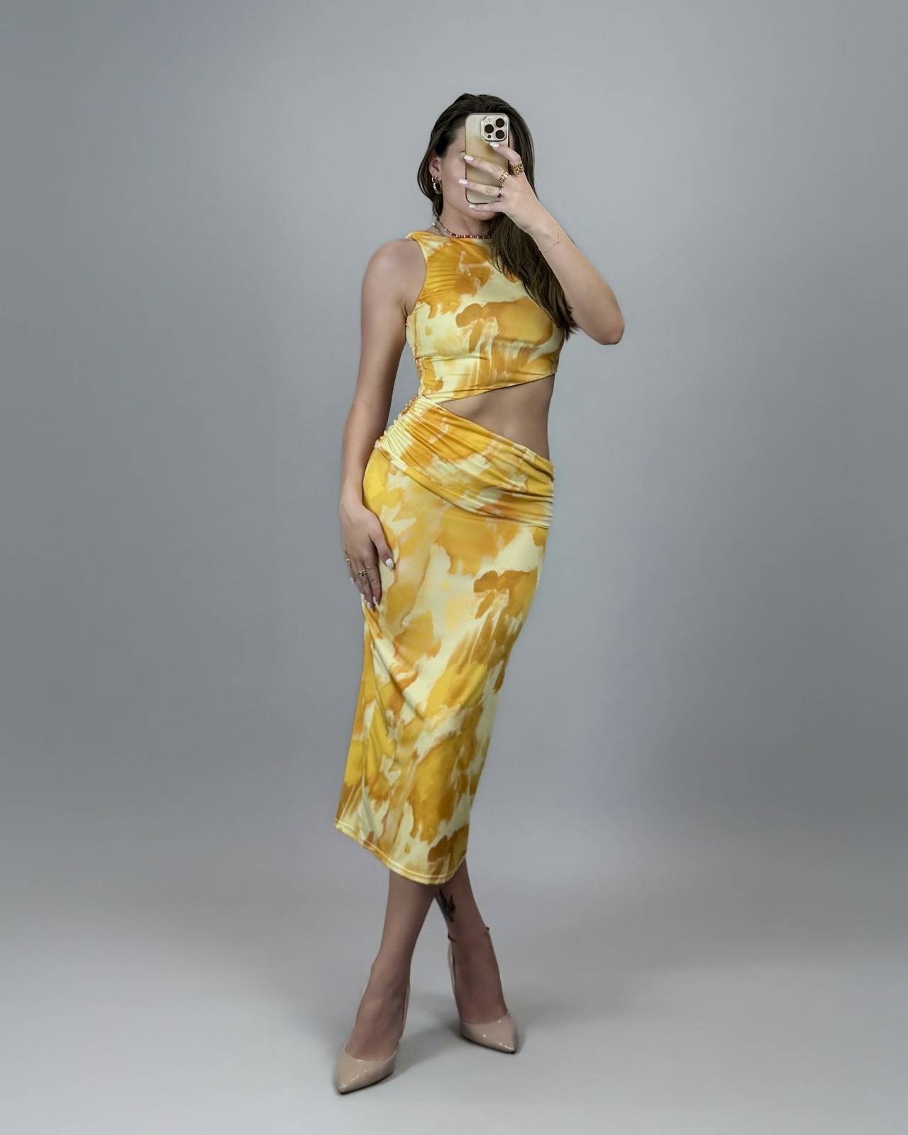 Printed Cut Out Midi Dress - Yellow