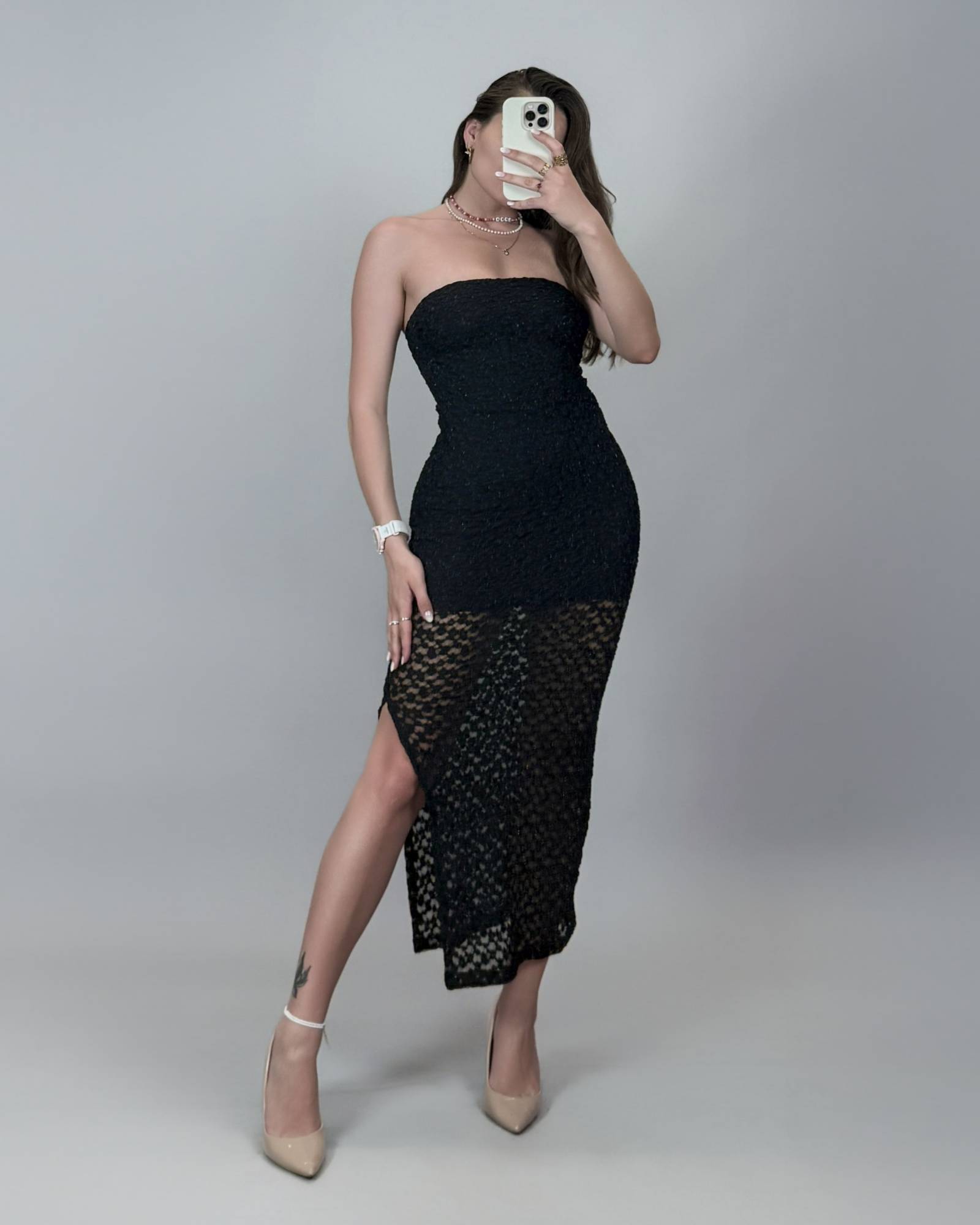 Crochet Strapless Maxi Dress with Slit - Black