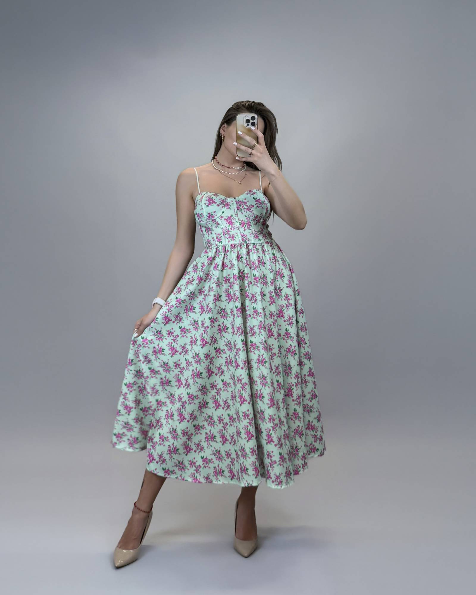 Floral Spaghetti Strap Midi Dress - Mint